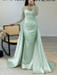 cheap CHAMPAGNE-Mermaid Sequin Evening Gown Ruched Champagne Satin Dress Long Sleeves Masquerade Floor Length Illusion Neck with Pearls Overskirt dress