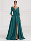 cheap Evening Dresses-Black Gold A-Line Evening Gown Elegant Gown Formal Wedding Guest Floor Length 3/4 Length Sleeve Shirt Collar Pocket Stretch Satin with Shouder Flower