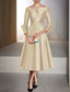 cheap Cocktail Dresses-A-Line Cocktail Dresses Elegant Dress Formal Wedding Guest Tea Length 3/4 Length Sleeve V Neck Satin with Pleats Dresses