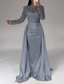 cheap CHAMPAGNE-Mermaid Sequin Evening Gown Ruched Champagne Satin Dress Long Sleeves Masquerade Floor Length Illusion Neck with Pearls Overskirt dress