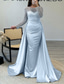 cheap CHAMPAGNE-Mermaid Sequin Evening Gown Ruched Champagne Satin Dress Long Sleeves Masquerade Floor Length Illusion Neck with Pearls Overskirt dress
