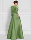 cheap GREEN-Green Embroidered Floral A-Line Evening Gown Elegant Dress Formal Wedding Floor Length Half Sleeve Shirt Collar Satin with Slit Appliques