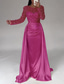 cheap CHAMPAGNE-Mermaid Sequin Evening Gown Ruched Champagne Satin Dress Long Sleeves Masquerade Floor Length Illusion Neck with Pearls Overskirt dress