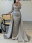 cheap CHAMPAGNE-Mermaid Sequin Evening Gown Ruched Champagne Satin Dress Long Sleeves Masquerade Floor Length Illusion Neck with Pearls Overskirt dress