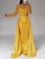 cheap CHAMPAGNE-Mermaid Sequin Evening Gown Ruched Champagne Satin Dress Long Sleeves Masquerade Floor Length Illusion Neck with Pearls Overskirt dress