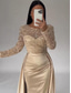 cheap CHAMPAGNE-Mermaid Sequin Evening Gown Ruched Champagne Satin Dress Long Sleeves Masquerade Floor Length Illusion Neck with Pearls Overskirt dress