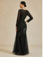 preiswerte abendkleider-Damen Maxikleid Etui-Kleid Elegant Abendgesellschaft Pailletten Netz Normale Passform Einfarbig Langarm Rundhalsausschnitt Schwarz