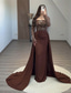 cheap Evening Dresses-Black Tie Beased Lace Sheath / Column Evening Gown Detachable Overskirt Elegant Dress Formal Wedding Sweep / Brush Train Long Sleeve Square Neck Sequined with Ruched Pearls 2025