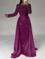 cheap CHAMPAGNE-Mermaid Sequin Evening Gown Ruched Champagne Satin Dress Long Sleeves Masquerade Floor Length Illusion Neck with Pearls Overskirt dress