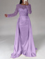 cheap CHAMPAGNE-Mermaid Sequin Evening Gown Ruched Champagne Satin Dress Long Sleeves Masquerade Floor Length Illusion Neck with Pearls Overskirt dress