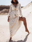 cheap Boho Dress-Women&#039;s Maxi Dress Sundress A Line Dress Vacation Party Birthday Party Going out Beach Solid Color 3/4 Length Sleeve V Neck White Apricot