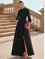 cheap GREEN-A-Line Evening Gown Elegant Dress Formal Wedding Guest Floor Length Long Sleeve Shirt Collar Pocket Satin with Slit