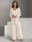 cheap Mom&#039;s Pant Suits-Silver Green Blue Formal Pantsuit Beach Wedding 3 Piece Mother of the Bride  Elegant Jewel Neck Chiffon Long Sleeve Wrap Included Lace Embroidery Solid Color