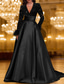 cheap BLACK-Black Tie A-Line Evening Gown Elegant Dress Carnival Formal Floor Length Long Sleeve V Neck Pocket Satin with Feather Sequin