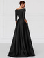 cheap Evening Dresses-Black Gold A-Line Evening Gown Elegant Gown Formal Wedding Guest Floor Length 3/4 Length Sleeve Shirt Collar Pocket Stretch Satin with Shouder Flower