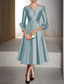 cheap Cocktail Dresses-A-Line Cocktail Dresses Elegant Dress Formal Wedding Guest Tea Length 3/4 Length Sleeve V Neck Satin with Pleats Dresses