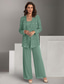 cheap Mom&#039;s Pant Suits-Silver Green Blue Formal Pantsuit Beach Wedding 3 Piece Mother of the Bride  Elegant Jewel Neck Chiffon Long Sleeve Wrap Included Lace Embroidery Solid Color