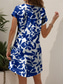 cheap Floral Dress-Women's Midi Dress T Shirt Dress Tee Dress Sundress A Line Dress Vacation Casual Beach Beach Regular Fit Floral Graphic Leaf Short Sleeve V Neck Blue Black And White Yellow Red Summer Spring