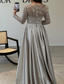 cheap CHAMPAGNE-Mermaid Sequin Evening Gown Ruched Champagne Satin Dress Long Sleeves Masquerade Floor Length Illusion Neck with Pearls Overskirt dress