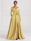 cheap Evening Dresses-Black Gold A-Line Evening Gown Elegant Gown Formal Wedding Guest Floor Length 3/4 Length Sleeve Shirt Collar Pocket Stretch Satin with Shouder Flower