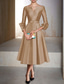 cheap Cocktail Dresses-A-Line Cocktail Dresses Elegant Dress Formal Wedding Guest Tea Length 3/4 Length Sleeve V Neck Satin with Pleats Dresses