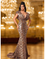 abordables Robes de Soirée-Robe de soirée sirène/trompette à paillettes imprimé léopard, robe drapée à décolleté plongeant, robe de mariée formelle, traîne à balayage/pinceau, sans manches, tissu extensible avec perles et