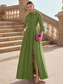 cheap GREEN-A-Line Evening Gown Elegant Dress Formal Wedding Guest Floor Length Long Sleeve Shirt Collar Pocket Satin with Slit