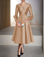 cheap Cocktail Dresses-A-Line Cocktail Dresses Elegant Dress Formal Wedding Guest Tea Length 3/4 Length Sleeve V Neck Satin with Pleats Dresses