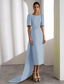 cheap Cocktail Dresses-Green Column Cocktail Elegant Dress Formal Wedding Guest Ankle Length Short Sleeve Crew Neck Stretch Crepe with Shawl