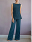 preiswerte Hosenanzüge für Mama-3-teilig Hosenanzug bodenlanges Brautmutterkleid Langarm Rundhalsausschnitt Elegant Formal Hochzeitsgast mit Perlen