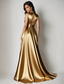 economico Vestiti da sera-Abito da sera elegante a trapezio color oro e verde, abito formale da sposa, lungo fino al pavimento, senza maniche, scollo a V, abito da madre della sposa color champagne, in raso elasticizzato con