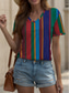 cheap Stripe&amp;Geometric tee-Women&#039;s T Shirt Graphic Geometric Striped Vintage Stylish Classic Short Sleeve V Neck Regular Tops Daily Print Yellow Red Blue Purple Green Summer Spring