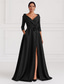 cheap Evening Dresses-Black Gold A-Line Evening Gown Elegant Gown Formal Wedding Guest Floor Length 3/4 Length Sleeve Shirt Collar Pocket Stretch Satin with Shouder Flower