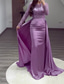 cheap CHAMPAGNE-Mermaid Sequin Evening Gown Ruched Champagne Satin Dress Long Sleeves Masquerade Floor Length Illusion Neck with Pearls Overskirt dress