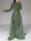 cheap CHAMPAGNE-Mermaid Sequin Evening Gown Ruched Champagne Satin Dress Long Sleeves Masquerade Floor Length Illusion Neck with Pearls Overskirt dress
