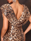 abordables Robes de Soirée-Robe de soirée sirène/trompette à paillettes imprimé léopard, robe drapée à décolleté plongeant, robe de mariée formelle, traîne à balayage/pinceau, sans manches, tissu extensible avec perles et