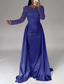 cheap CHAMPAGNE-Mermaid Sequin Evening Gown Ruched Champagne Satin Dress Long Sleeves Masquerade Floor Length Illusion Neck with Pearls Overskirt dress