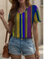 cheap Stripe&amp;Geometric tee-Women&#039;s T Shirt Graphic Geometric Striped Vintage Stylish Classic Short Sleeve V Neck Regular Tops Daily Print Yellow Red Blue Purple Green Summer Spring