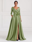 cheap Evening Dresses-Black Gold A-Line Evening Gown Elegant Gown Formal Wedding Guest Floor Length 3/4 Length Sleeve Shirt Collar Pocket Stretch Satin with Shouder Flower