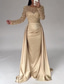 cheap CHAMPAGNE-Mermaid Sequin Evening Gown Ruched Champagne Satin Dress Long Sleeves Masquerade Floor Length Illusion Neck with Pearls Overskirt dress