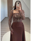 cheap Evening Dresses-Black Tie Beased Lace Sheath / Column Evening Gown Detachable Overskirt Elegant Dress Formal Wedding Sweep / Brush Train Long Sleeve Square Neck Sequined with Ruched Pearls 2025