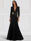 cheap BLACK-Black Tie Mermaid Long Sleeve V Neck Stretch Crepe Gown Cocktail Dresses Elegant Formal Wedding Floor Length  with Glitter