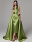 economico Vestiti da sera-Abito da sera elegante a trapezio color oro e verde, abito formale da sposa, lungo fino al pavimento, senza maniche, scollo a V, abito da madre della sposa color champagne, in raso elasticizzato con