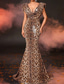 abordables Robes de Soirée-Robe de soirée sirène/trompette à paillettes imprimé léopard, robe drapée à décolleté plongeant, robe de mariée formelle, traîne à balayage/pinceau, sans manches, tissu extensible avec perles et