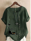 cheap Shirts-Women&#039;s Cotton Linen Shirts Animal Cat Elegant Vintage Tropical Short Sleeve Crew Neck Regular Tops Daily Holiday Vacation Wear Buttons Grass Green White Yellow Army Green Navy Blue Summer Spring