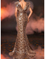 abordables Robes de Soirée-Robe de soirée sirène/trompette à paillettes imprimé léopard, robe drapée à décolleté plongeant, robe de mariée formelle, traîne à balayage/pinceau, sans manches, tissu extensible avec perles et