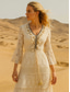 cheap Boho Dress-Women&#039;s Maxi Dress Sundress A Line Dress Vacation Party Birthday Party Going out Beach Solid Color 3/4 Length Sleeve V Neck White Apricot