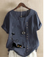 cheap Shirts-Women&#039;s Cotton Linen Shirts Animal Cat Elegant Vintage Tropical Short Sleeve Crew Neck Regular Tops Daily Holiday Vacation Wear Buttons Grass Green White Yellow Army Green Navy Blue Summer Spring