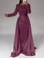 cheap CHAMPAGNE-Mermaid Sequin Evening Gown Ruched Champagne Satin Dress Long Sleeves Masquerade Floor Length Illusion Neck with Pearls Overskirt dress