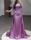 cheap CHAMPAGNE-Mermaid Sequin Evening Gown Ruched Champagne Satin Dress Long Sleeves Masquerade Floor Length Illusion Neck with Pearls Overskirt dress